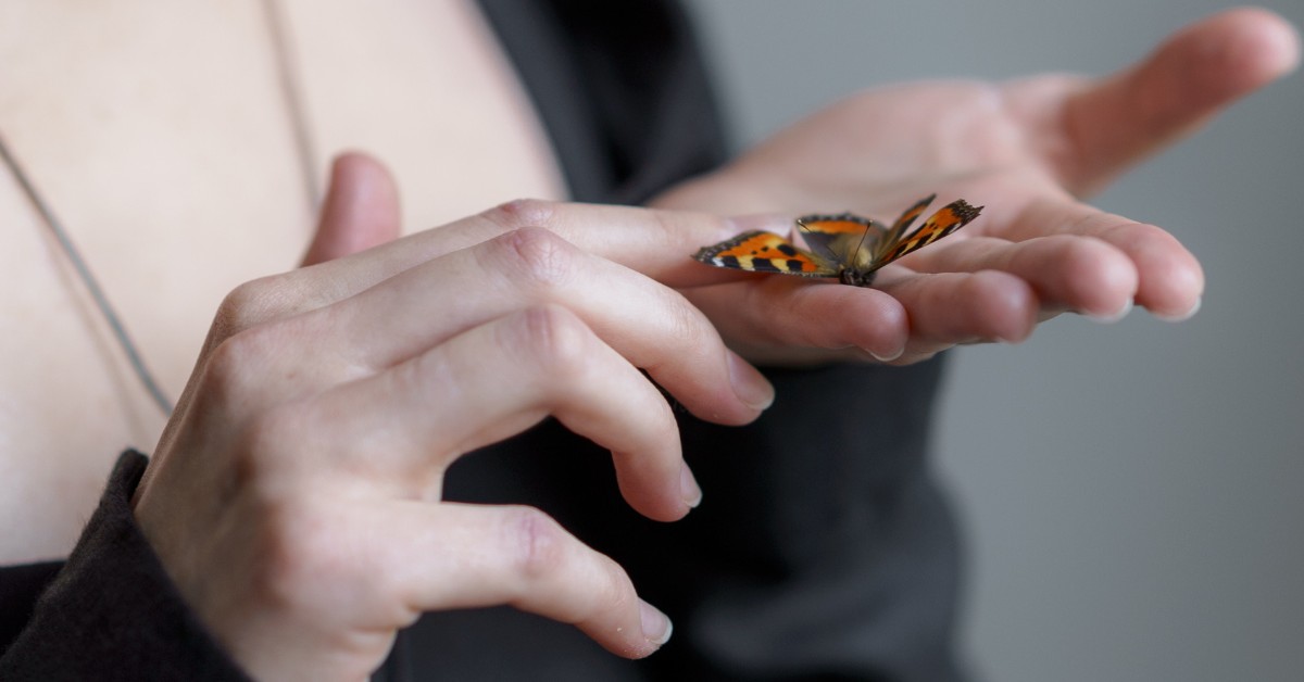 Woman holding an orange and black butterfly in the palm of her hand.