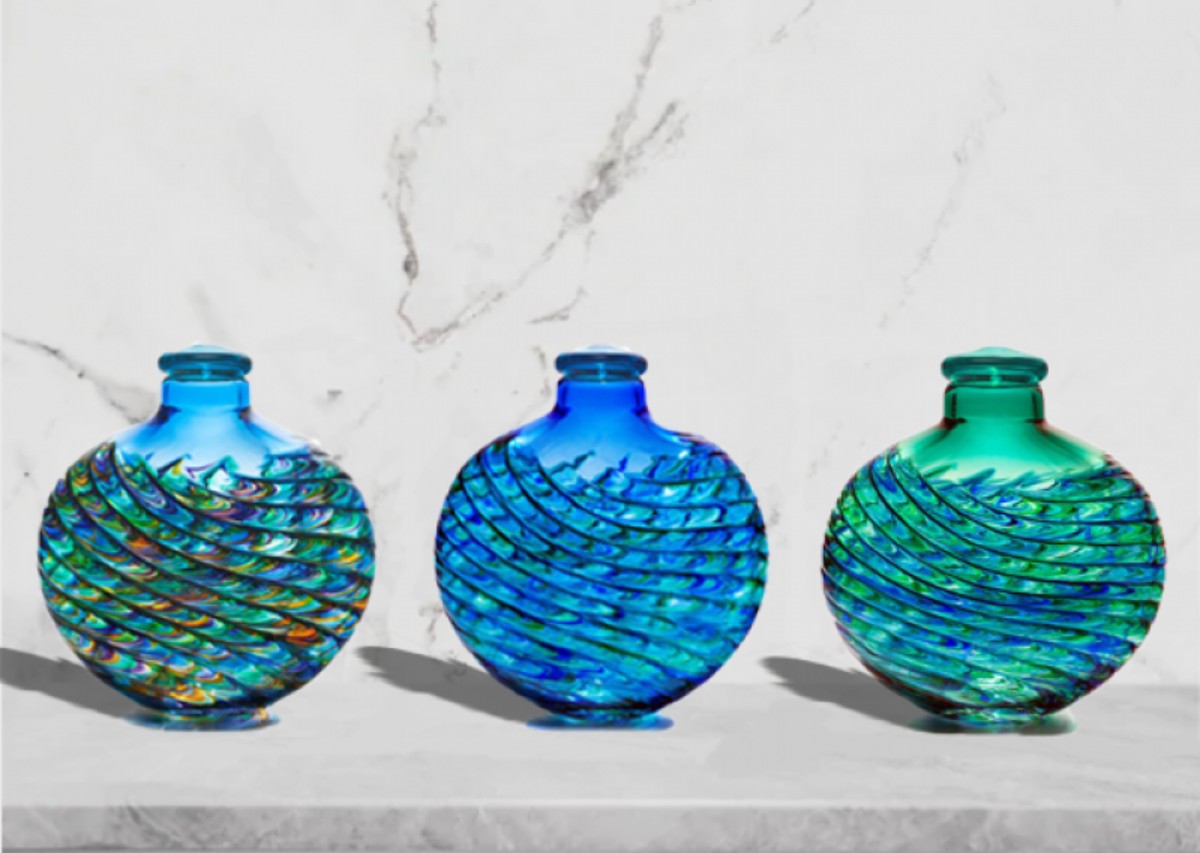 3 blue/green glass cremation art urns.