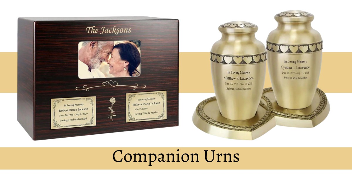 Brass and wooden companion urns by In The Light Urns.