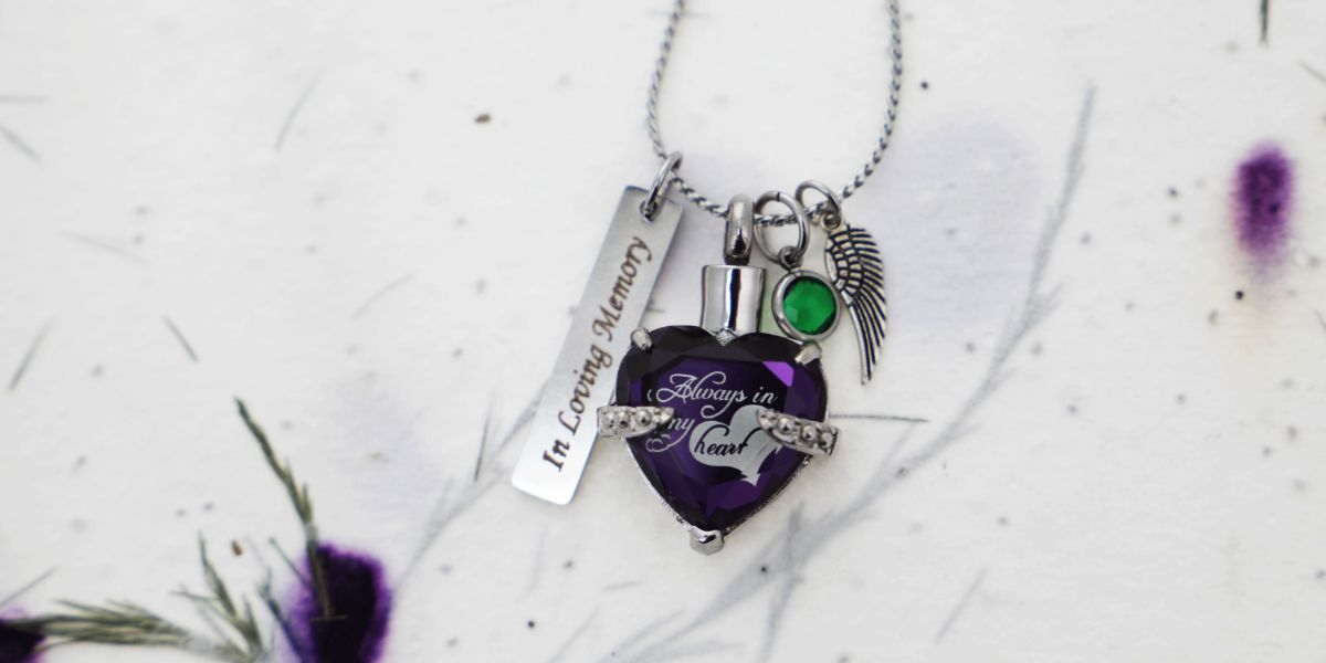 Always in my heart cremation necklace keepsake with purple heart.