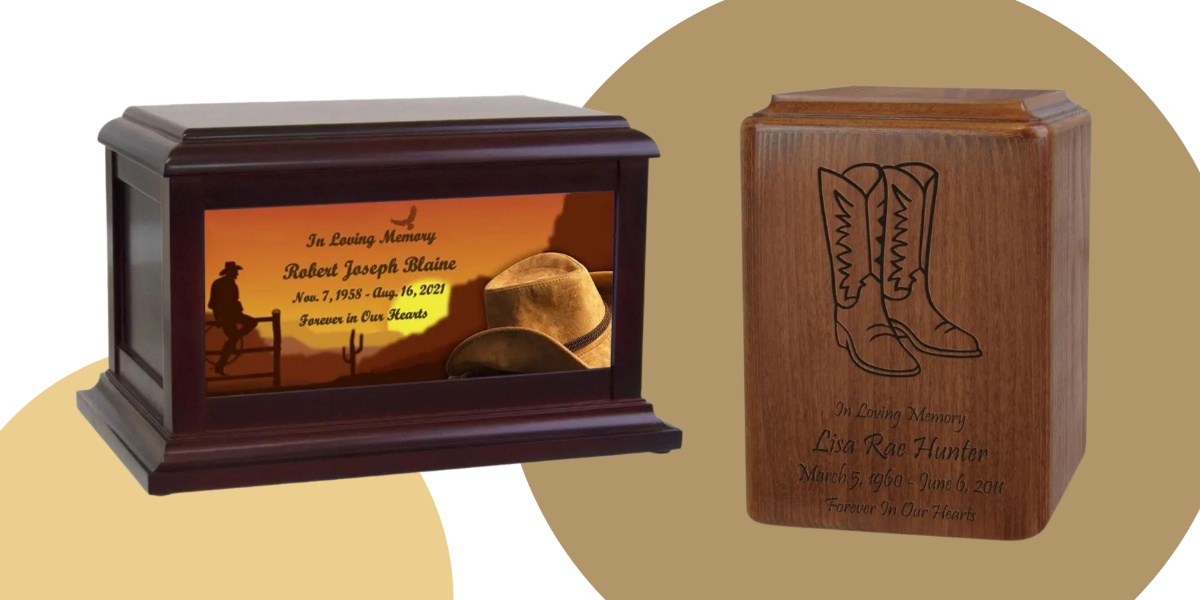 Wooden cowboy cremation urns.