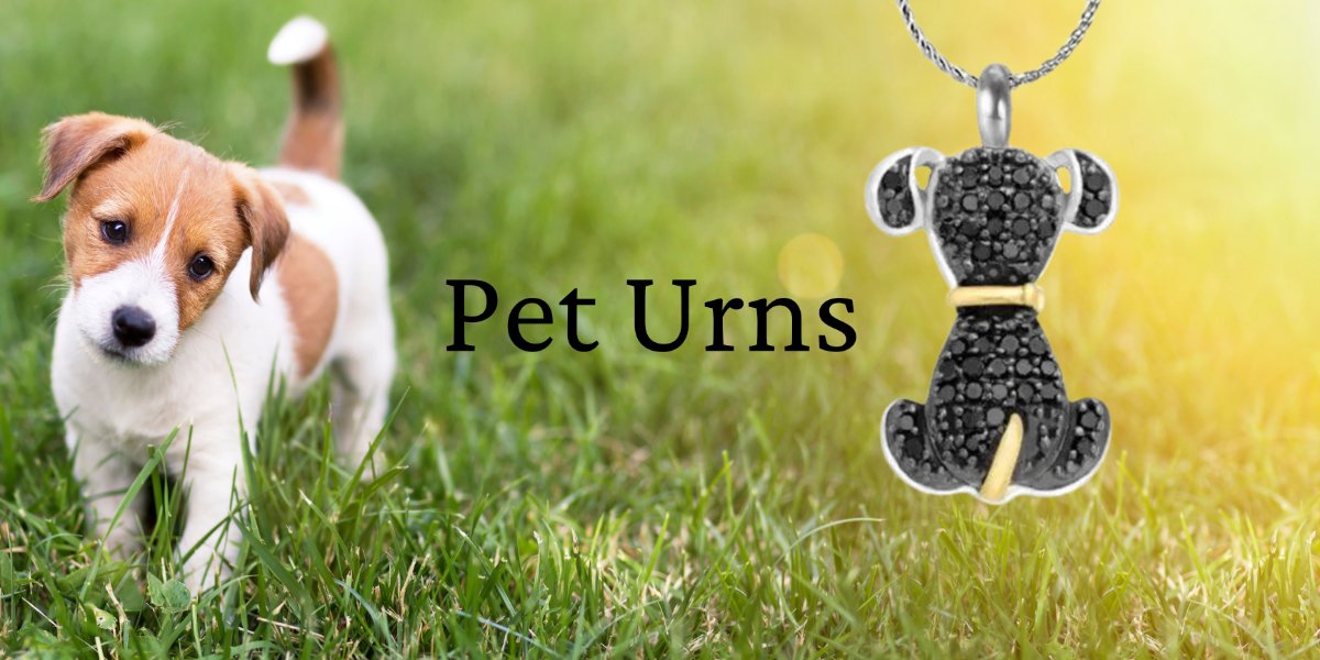 Puppy dog standing in the grass. Pet urns.