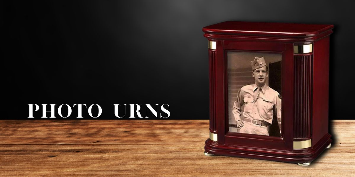 Photo Urns. Wooden photo urn of American soldier sitting on wooden shelf.