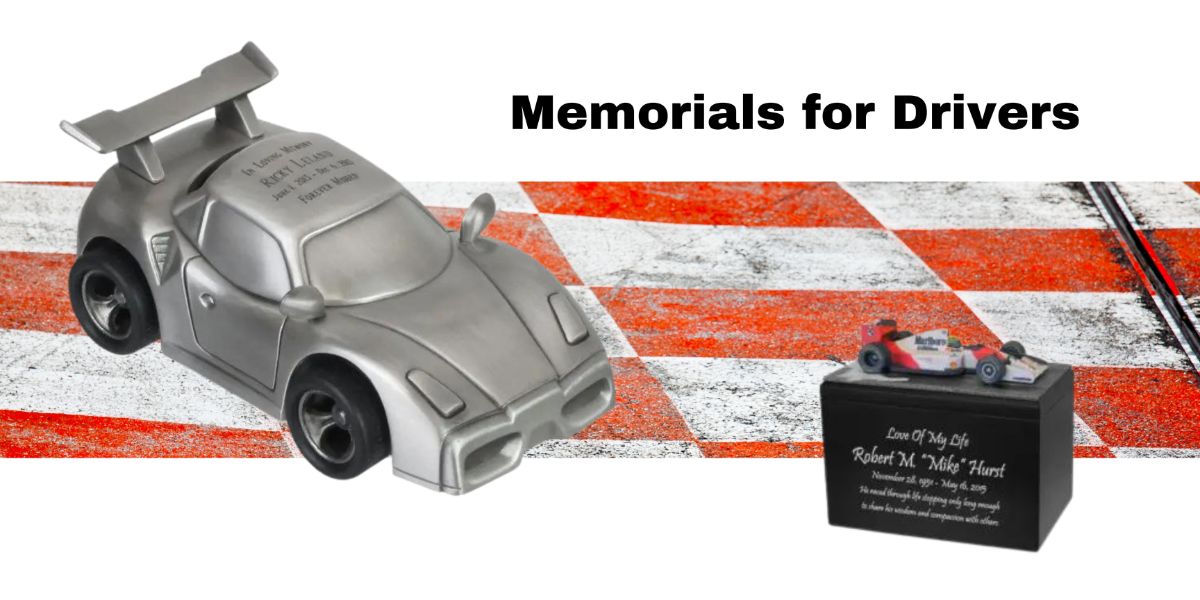 Memorials for Drivers. A silver race car urn over a checkered roadway.