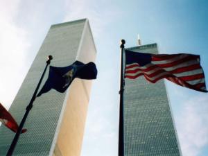 American flag flying below the twin towers.