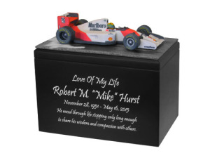 Formula 1 race car memorial urn with black base.