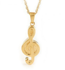 Golden treble clef cremation keepsake necklace.