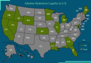Map of alkaline hydrolysis legality in the United States 2018.
