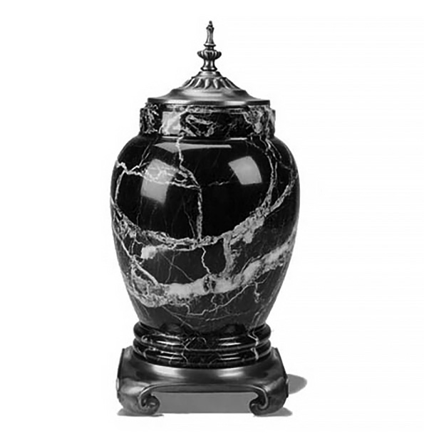 Black marble cremation urn with white streaks.