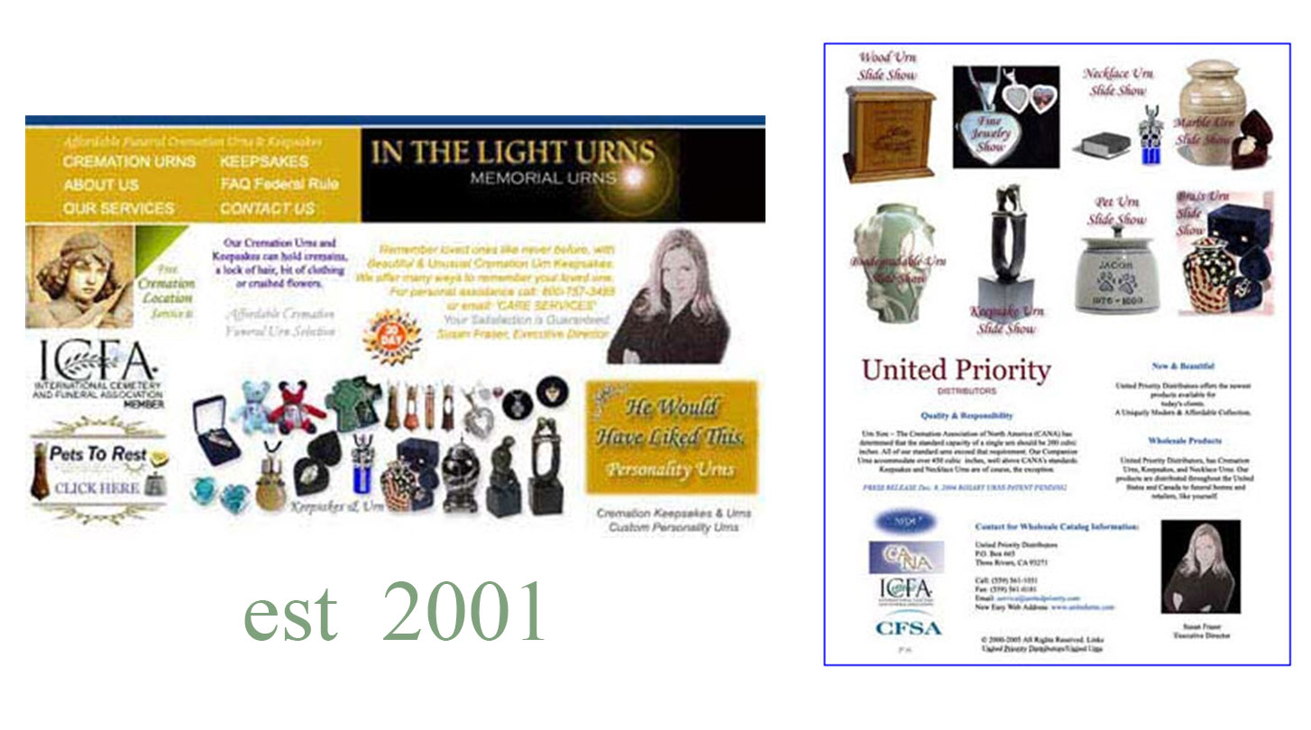 Screenshot of the original In The Light Urns website with Susan Fraser's debut products from 2001.