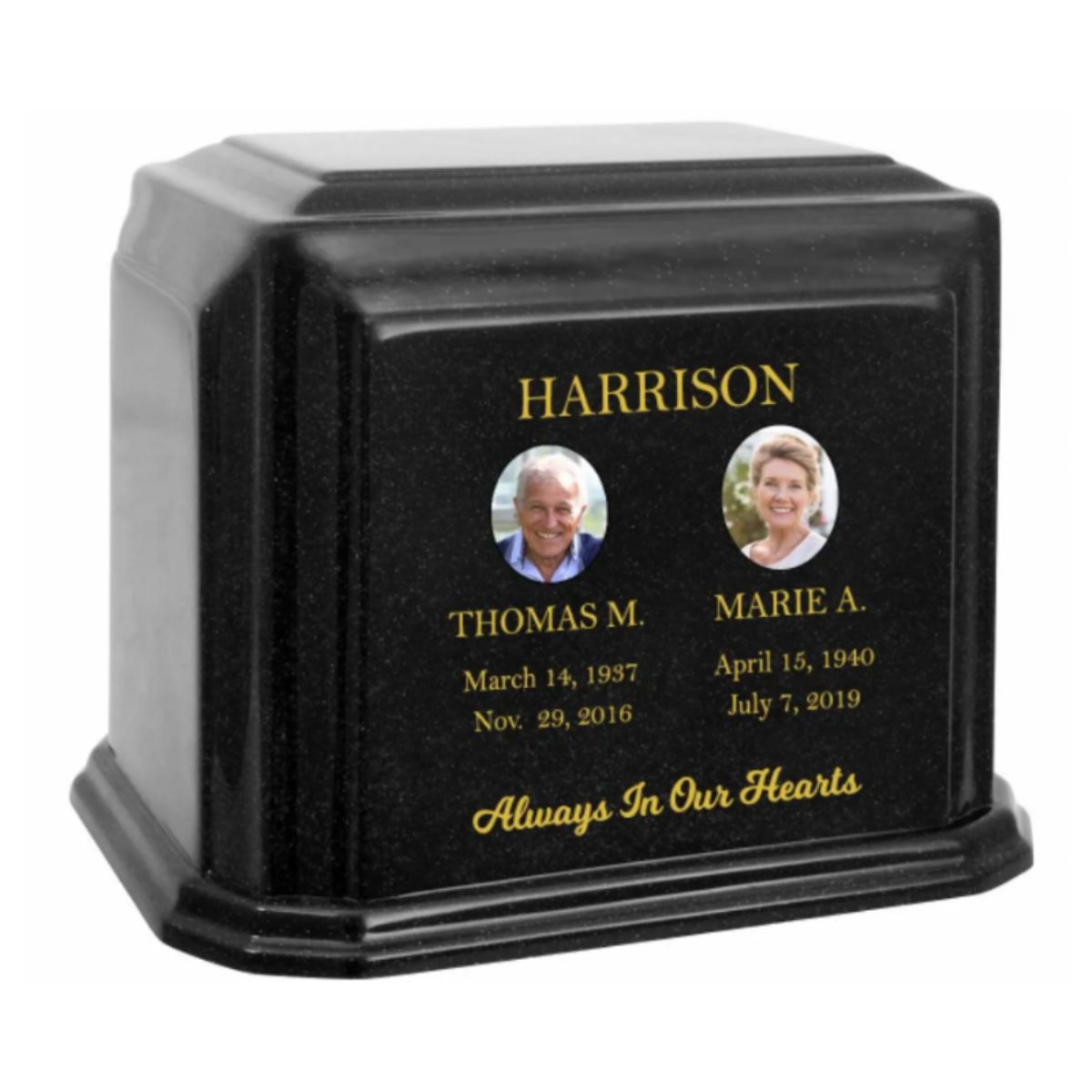 The Monarch Companion Photo Options Marble ~ For Two Cremation Urn is a perfectly formed cultured dark gray marble urn with a marbleized finish.