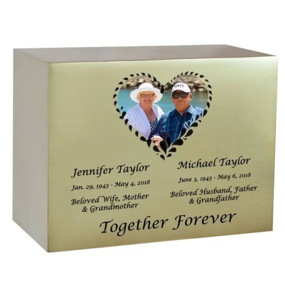 The Photo Heart Companion Gold Urn is a handmade wood urn for two people. This beautiful eternal lasting wood urn can be personalized with an image in color or black and white with engraving for each person and a sentiment at the bottom.