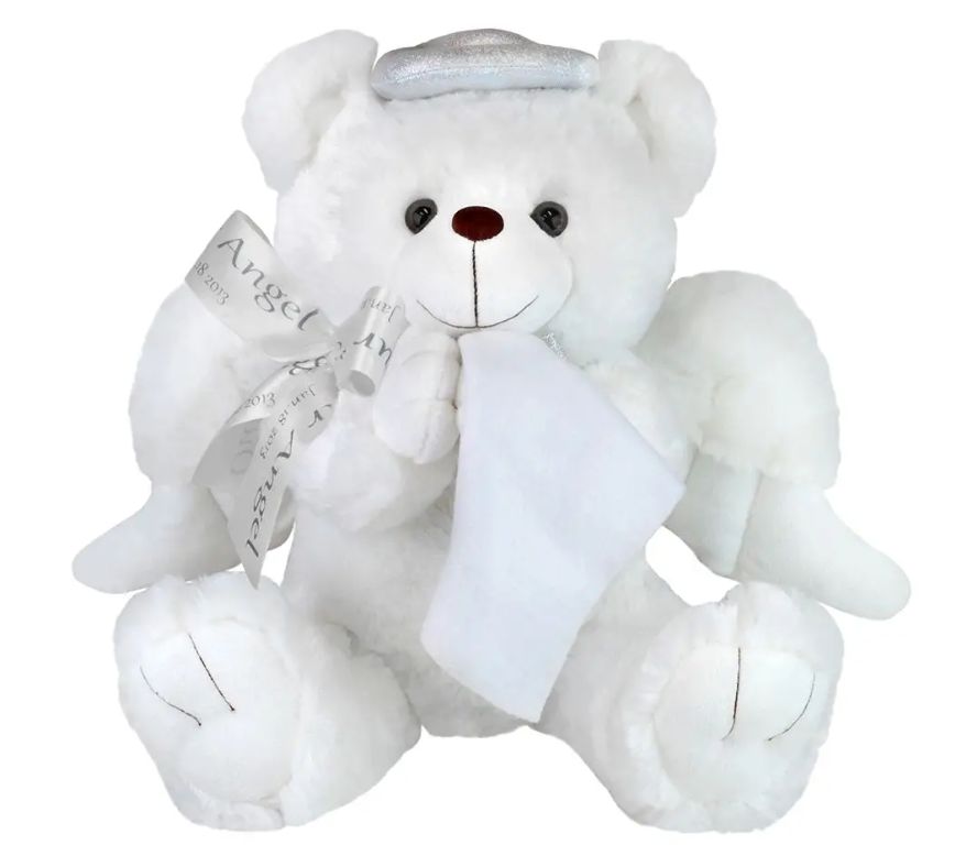 White teddy bear cremation urn with angel wings.