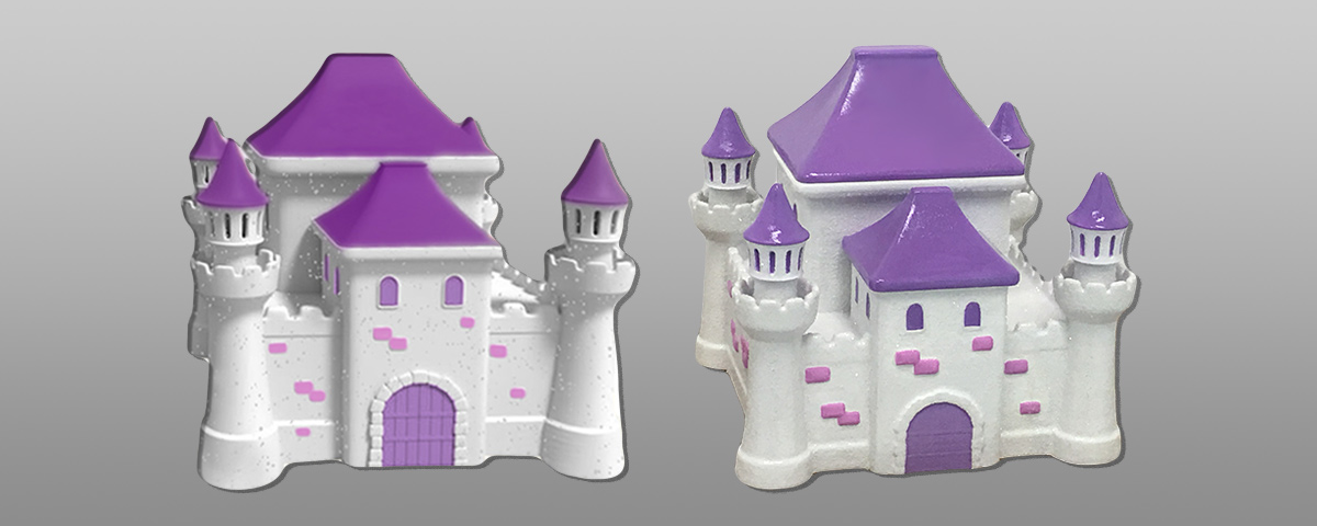 The digital model of the princess castle side-by-side with the finished product.