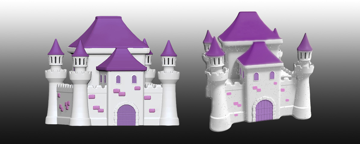 Two views of the digital model used for proofs of the finished princess castle urn.