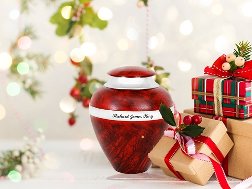 Holiday cremation urn and presents.