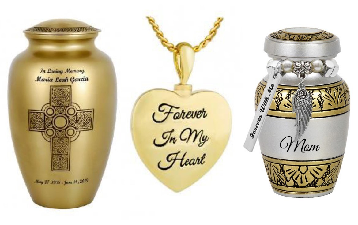 Cremation keepsakes, urns and necklaces.