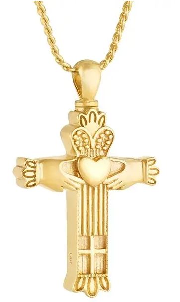 Claddagh Cross 14K Gold Cremation Jewelry Urn.