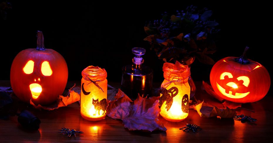 Carved Halloween pumpkins and candles.