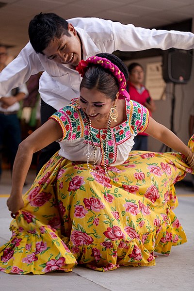 Man and woman dancing for Dia de los Muertos.
