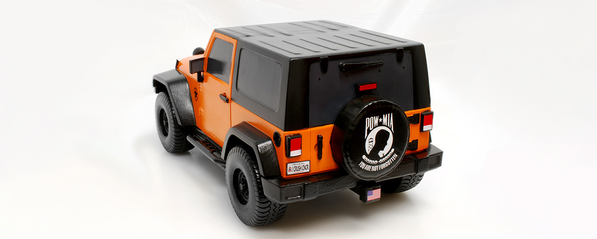 A back view of the 3D-printed Jeep custom cremation urn.