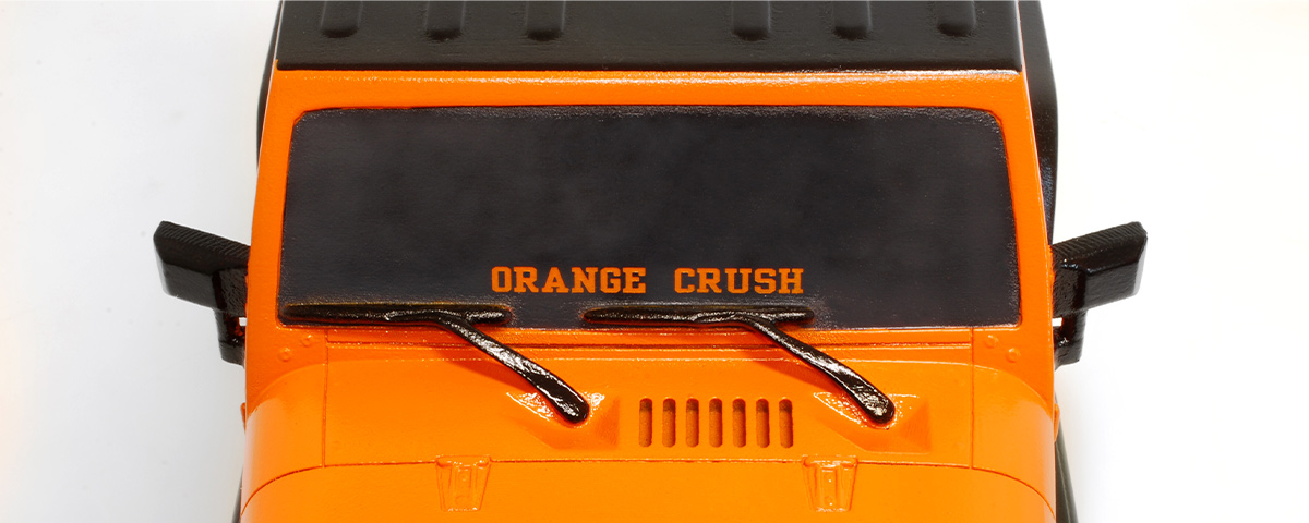 A top-down view of the hood of the 3D-printed Jeep.