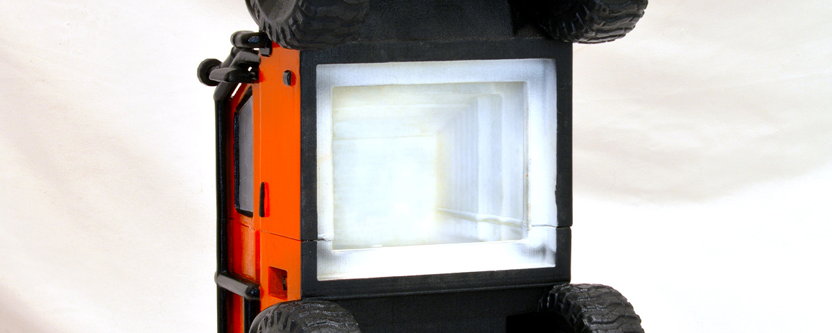 The 3D-printed Land Rover custom cremation urn opened up from the bottom to reveal the compartment for storing ashes.