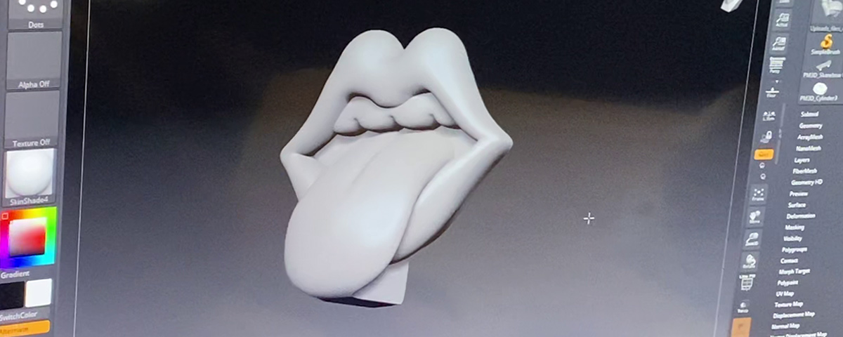 A view of the tongue and lips digital model inside its 3D modeling software.