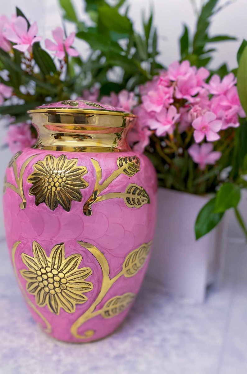 Pink cremation urn.