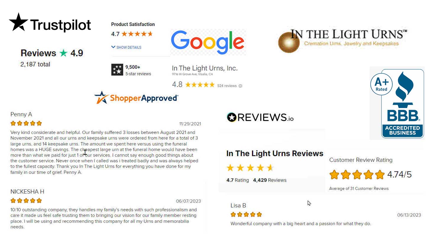 A Growing Reputation' showing review scores from Shopper Approve, Trust Pilot, Reviews.io, Google, and BBB.