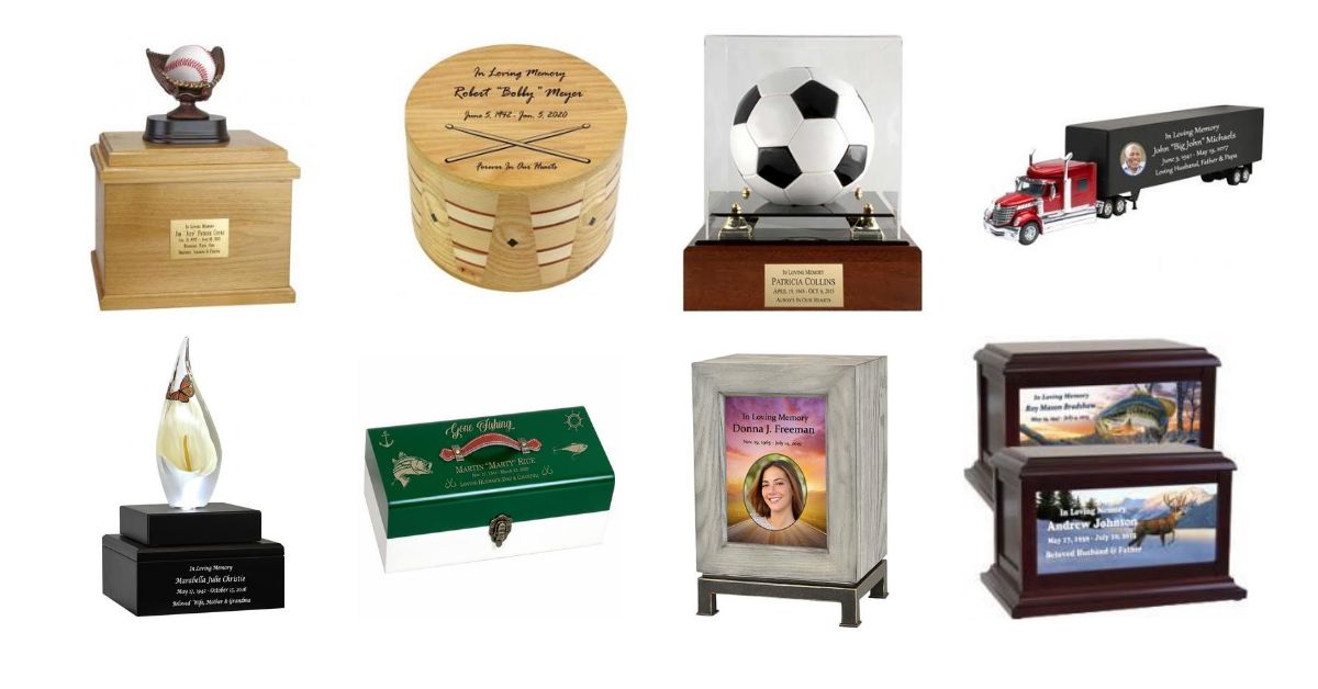 Variety of personalized cremation urns.